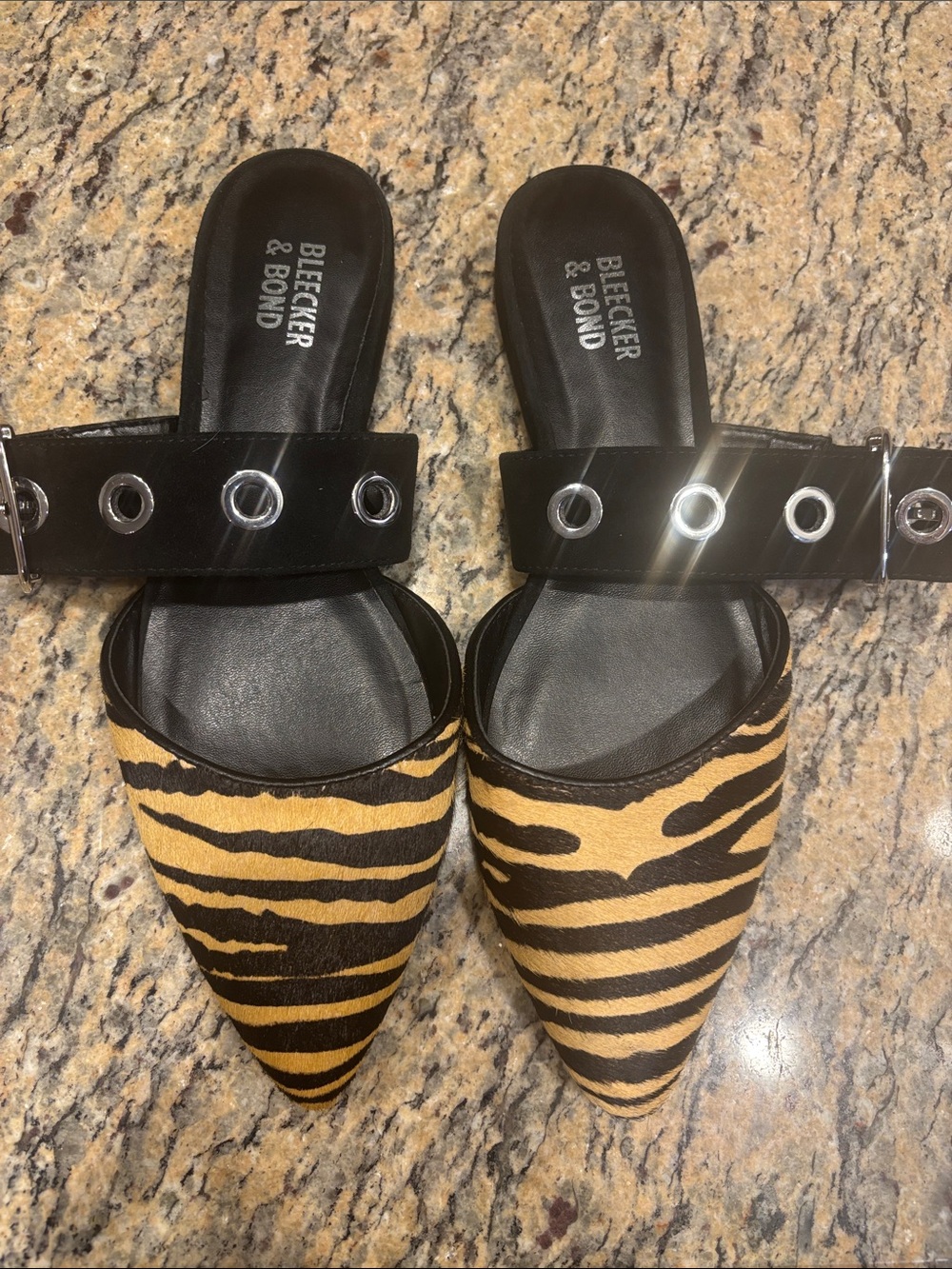 Bleecker & Bond Zebra Print Real Fur Mule Flats Size 6.5